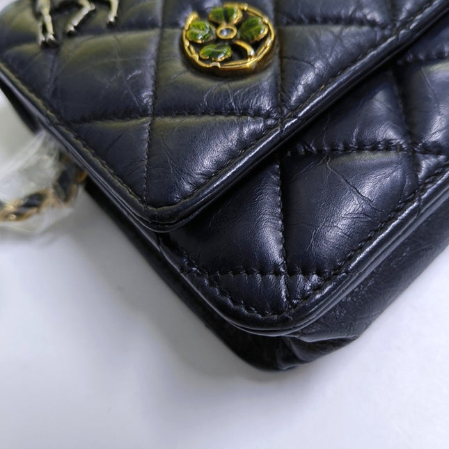 Chanel 2.55 Wallet on Chain Quilted Black Calfskin Leather Beatles Charms Gold Hardware