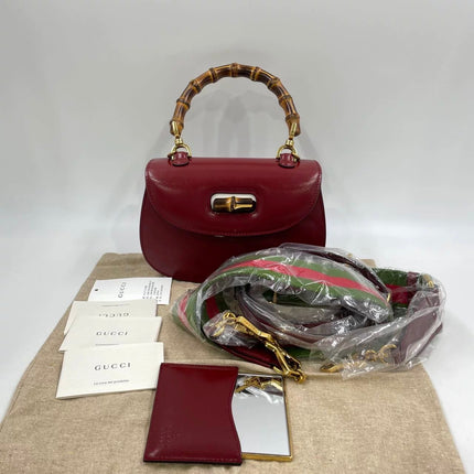 Gucci Bamboo 1947 Small Ancora Red Burgundy Calfskin Leather Top Handle Bag