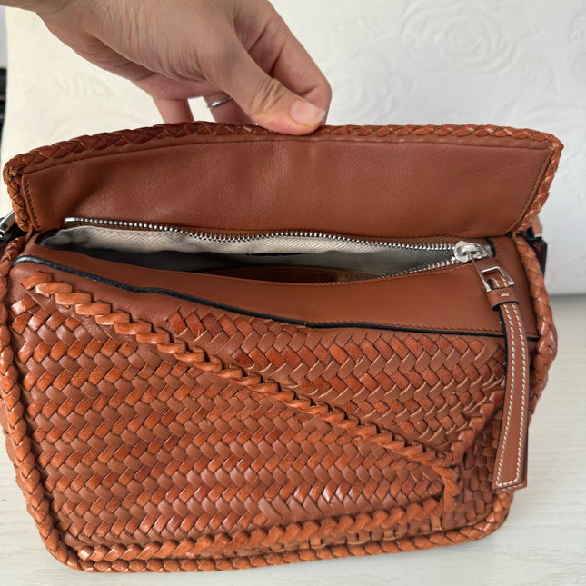 Sold Loewe Puzzle Small Leather Woven Caramel Tan Crossbody Bag