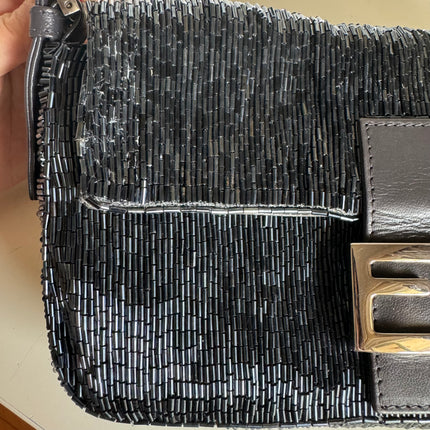 Fendi Baguette Metallic Navy Black Glittering Waterfall Beads Shoulder Bag