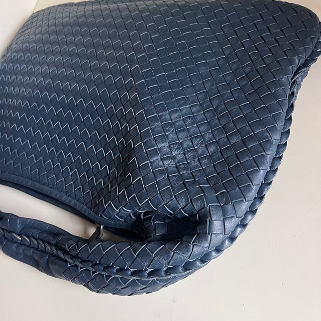 Sold Bottega Veneta Veneta Hobo Medium Navy Intrecciato Leather Bag