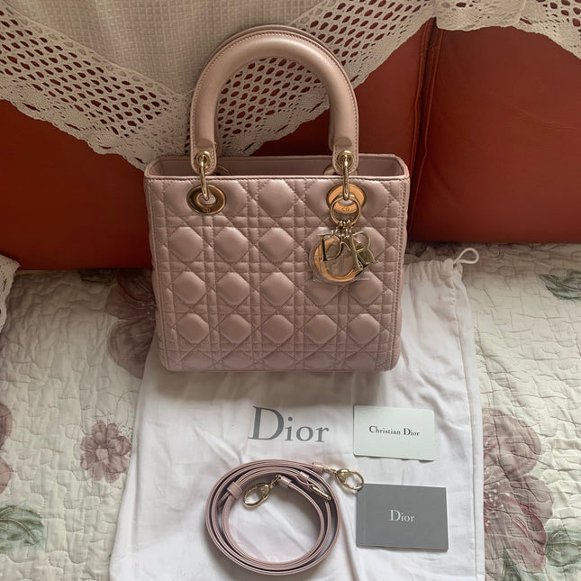 Lady Dior Medium Handbag Pearlescent Pink Cannage Leather Gold Hardware, 2016