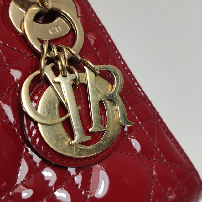 Lady Dior Mini 2019 Red Burgundy Patent Leather Gold Hardware Suede Interior Chain Strap
