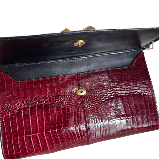 Vintage Burgundy Crocodile Leather Gold-tone Hardware Clutch Shoulder Bag