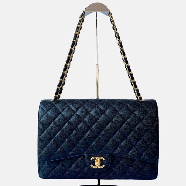Sold Chanel Classic Flap Maxi Black Caviar Leather Double Flap with Gold Hardware, 2014-2015