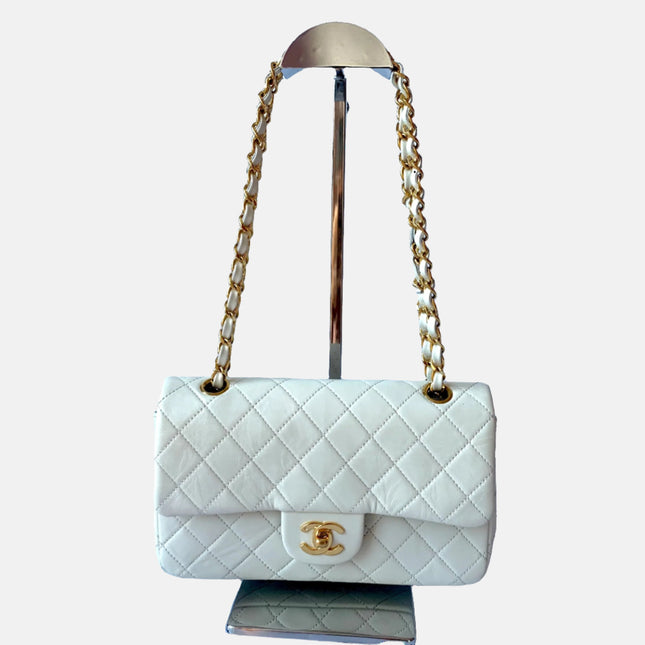 Chanel Classic Flap Vintage 1995 White Lambskin Leather with 24k Gold Hardware-Luxbags