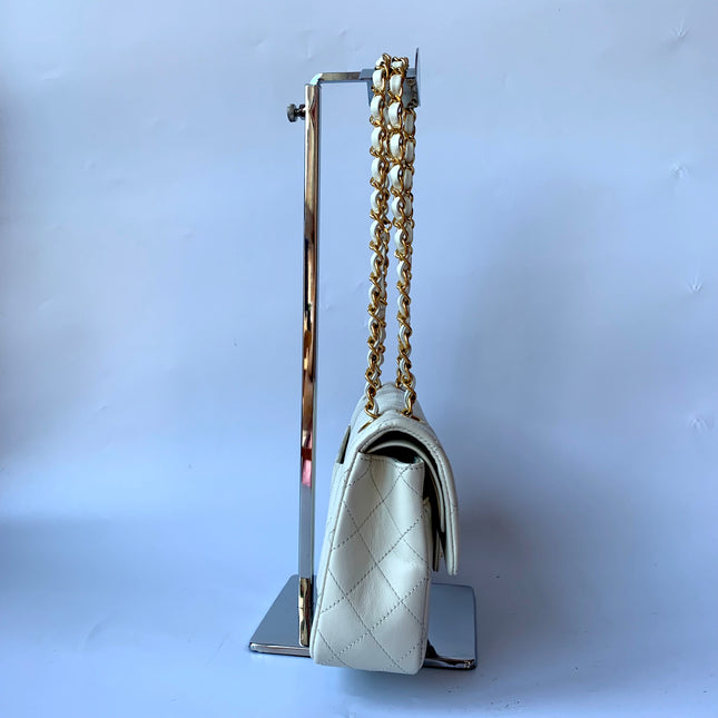 Sold Chanel Classic Flap Vintage 1995 White Lambskin Leather with 24k Gold Hardware