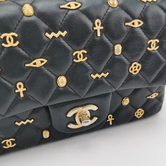 Chanel Classic Flap Mini Egyptian Amulet Black Lambskin Leather Gold Hardware