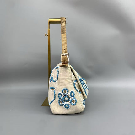 Fendi Mamma Baguette Needlepoint White Canvas and Blue and White Stones Embroidery