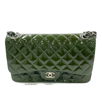 Chanel Classic Flap Jumbo Large Green Patent Leather Silver Hardware-Luxbags