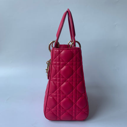 Sold Lady Dior Medium Bag Fuchsia Cannage Lambskin Leather Gold-tone Hardware