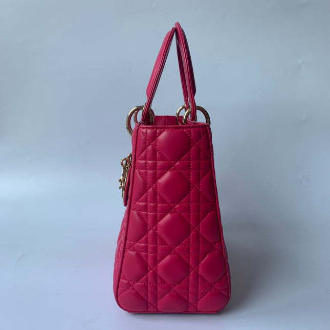 Sold Lady Dior Medium Bag Fuchsia Cannage Lambskin Leather Gold-tone Hardware