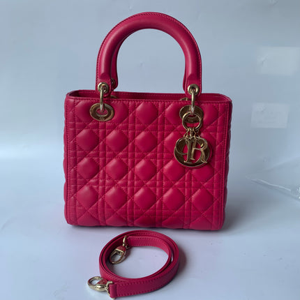 Sold Lady Dior Medium Bag Fuchsia Cannage Lambskin Leather Gold-tone Hardware