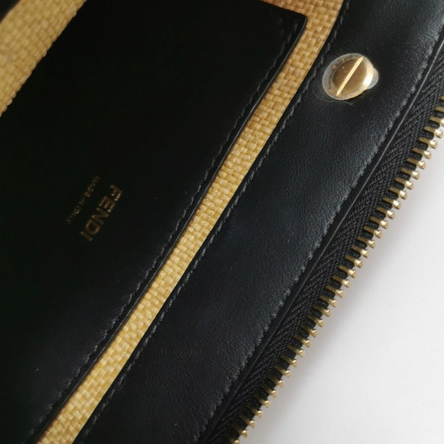 Sold Fendi By The Way Mini Raffia Straw Black Leather Crossbody Bag
