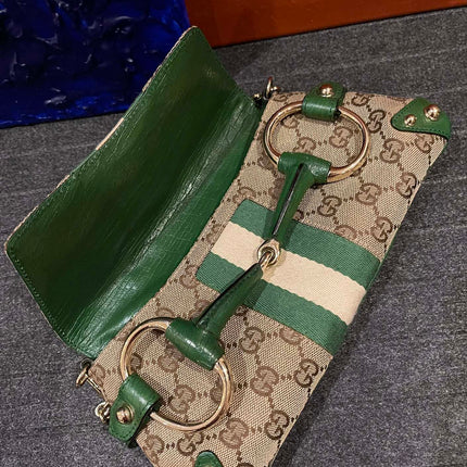 Gucci Horsebit 1955 Chain Bag Gucci Monogram Green Leather and Gold Studs
