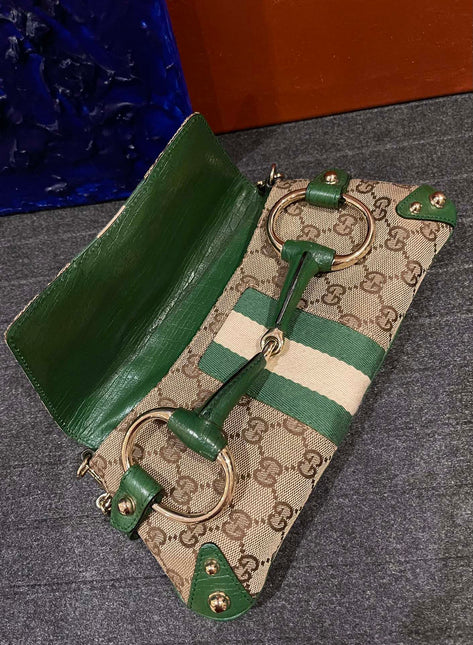 Gucci Horsebit 1955 Chain Bag Gucci Monogram Green Leather and Gold Studs