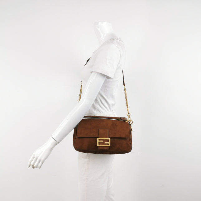 Fendi Baguette Selleria Suede Leather Crossbody Bag Medium Caramel Tan