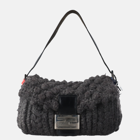 Fendi Baguette Bag Grey Crochet Knit Wool Pompom Shoulder Bag-Luxbags