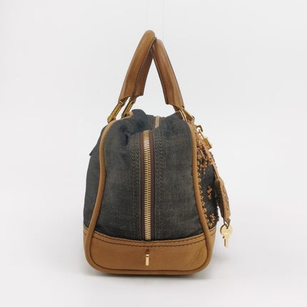 Loewe Amazona 28 Denim Beaded Embroidery Brown Leather Handbag