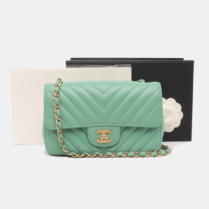 Chanel Classic Flap Mini Chevron Green Lambskin Leather Gold Hardware, 2018-2019