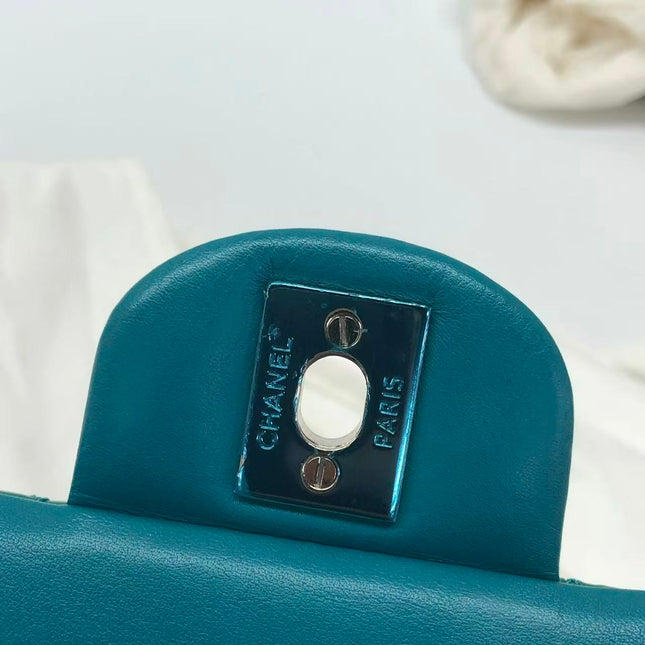 Chanel Classic Flap Medium Teal Blue Green Patent Leather Silver Hardware 2014-15