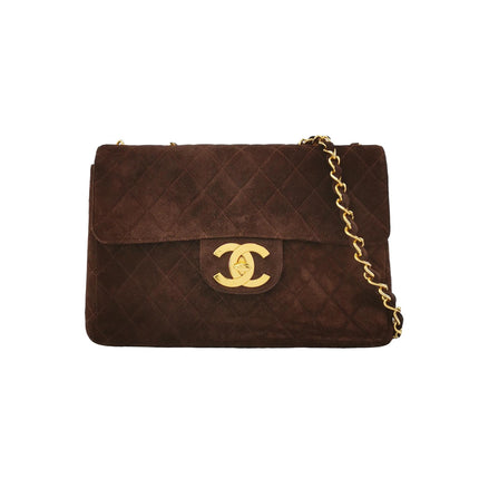 Chanel Classic Flap Maxi Chocolate Browm Suede Leather Giant Gold CC Logo-Luxbags
