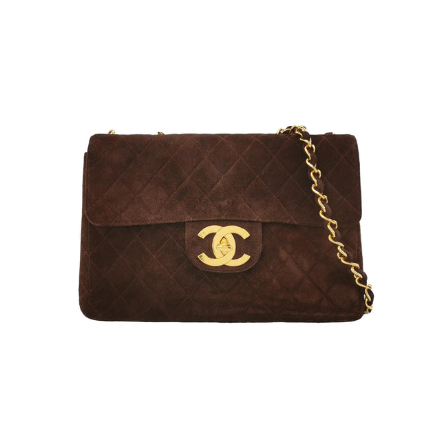 Chanel Classic Flap Maxi Chocolate Browm Suede Leather Giant Gold CC Logo-Luxbags