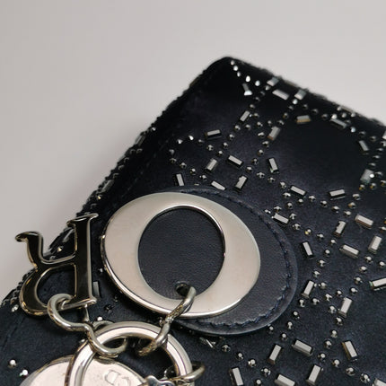 Lady Dior Mini Black Silk with Crystals Silver Hardware