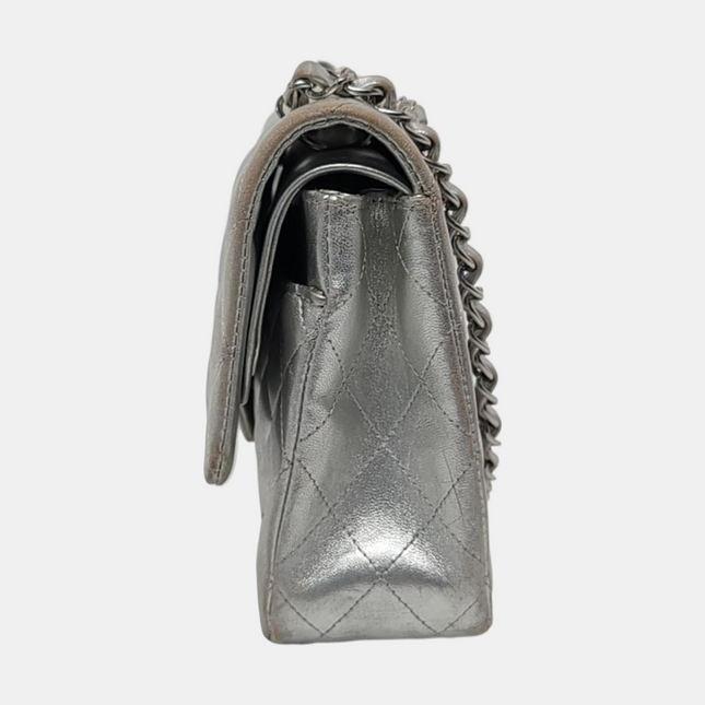 Chanel Classic Flap Medium Silver Lambskin Leather Silver Hardware