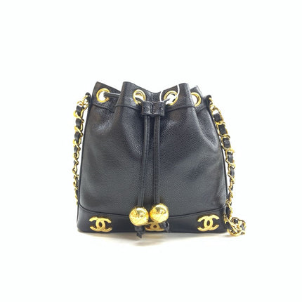 Chanel Vintage Mini Bucket Bag Black Caviar Leather Gold Logo, 1996-1997