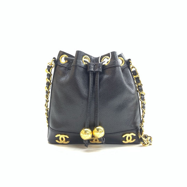 Chanel Vintage Mini Bucket Bag Black Caviar Leather Gold Logo, 1996-1997