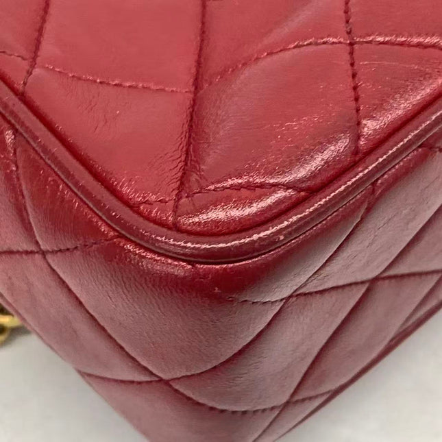 Chanel Vintage Camera Bag Red Lambskin Leather Gold Bajou Chain