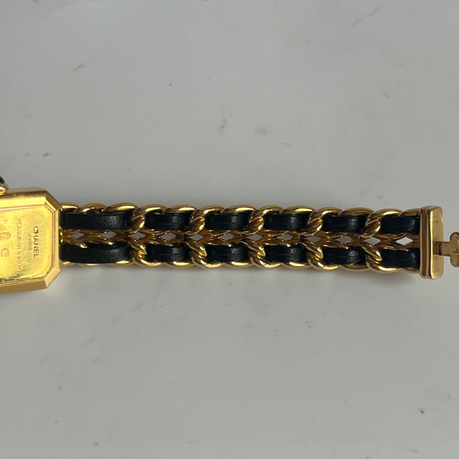 CHANEL 1987 Vintage PREMIERE Watch L Black Leather and 24KT Yellow Gold Plated