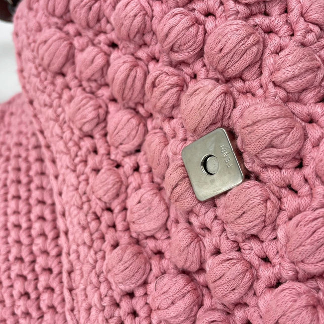Sold Fendi Baguette Bag Pink Crochet Knit Wool Pompom Shoulder Bag