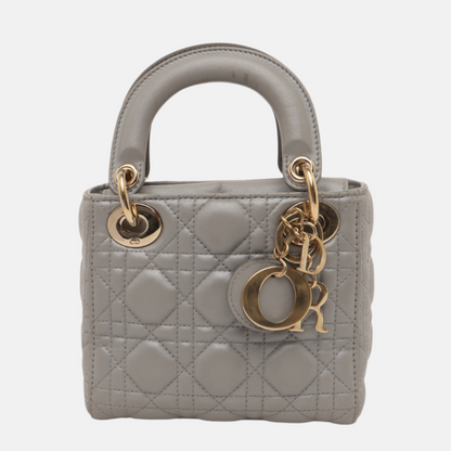 Lady Dior Mini Pearlescent Grey Lambskin Leather Gold HW Chain Strap-Luxbags