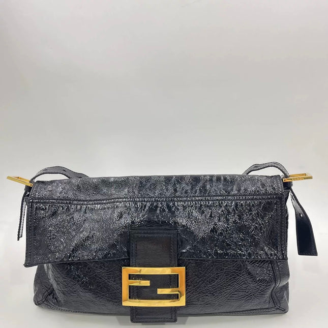 FENDI Baguette Large Black Crinkled Patent Leather Shoulder Bag-Luxbags