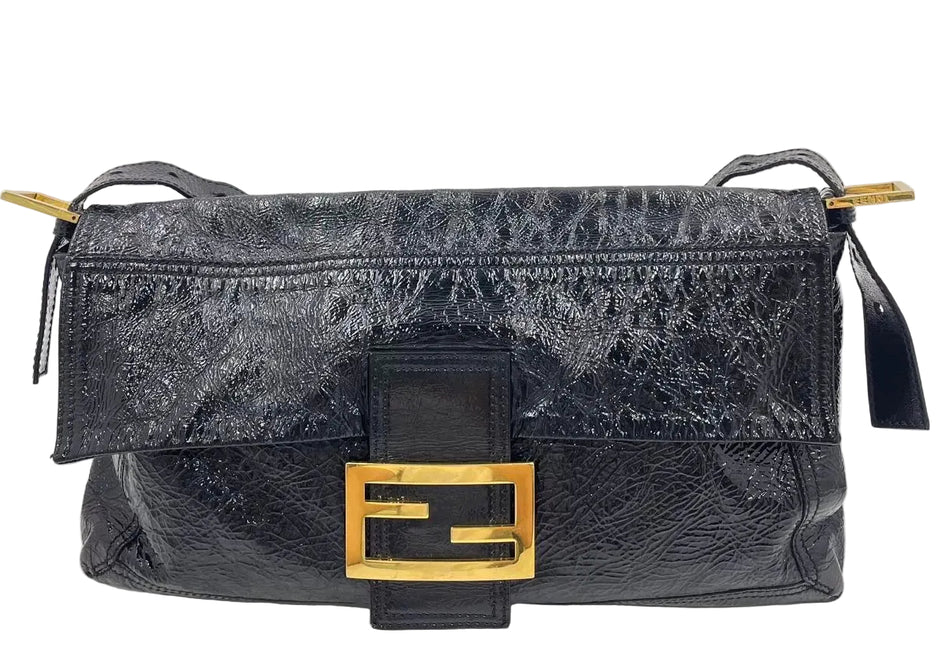 FENDI Baguette Large Black Crinkled Patent Leather Shoulder Bag-Luxbags