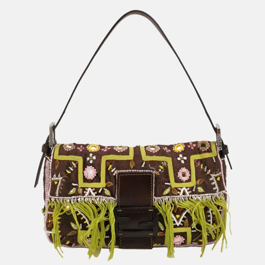 Fendi Baguette Vintage Brown Canvas with embroidery sequins mirrors and tassels-Luxbags