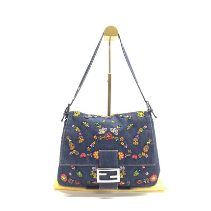 FENDI Mamma Baguette Blue Denim with Floral Beads Vintage-Luxbags