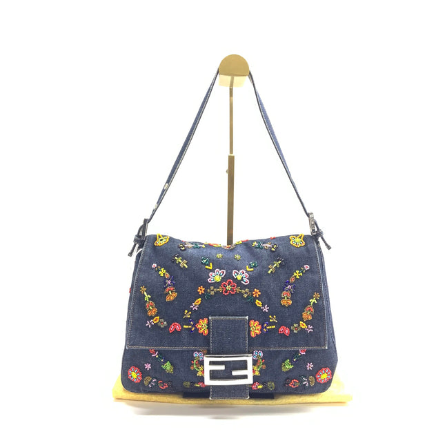 FENDI Mamma Baguette Blue Denim with Floral Beads Vintage-Luxbags