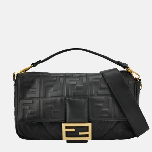 Fendi Baguette Black Leather 3D FF Motif Crossbody Bag Large-Luxbags
