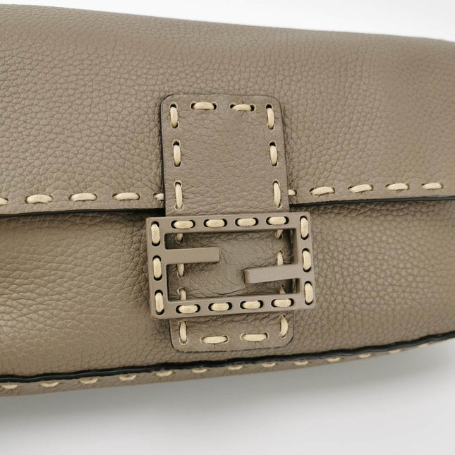 Fendi Baguette Selleria Calfskin Leather Crossbody Bag Medium Grey Beige
