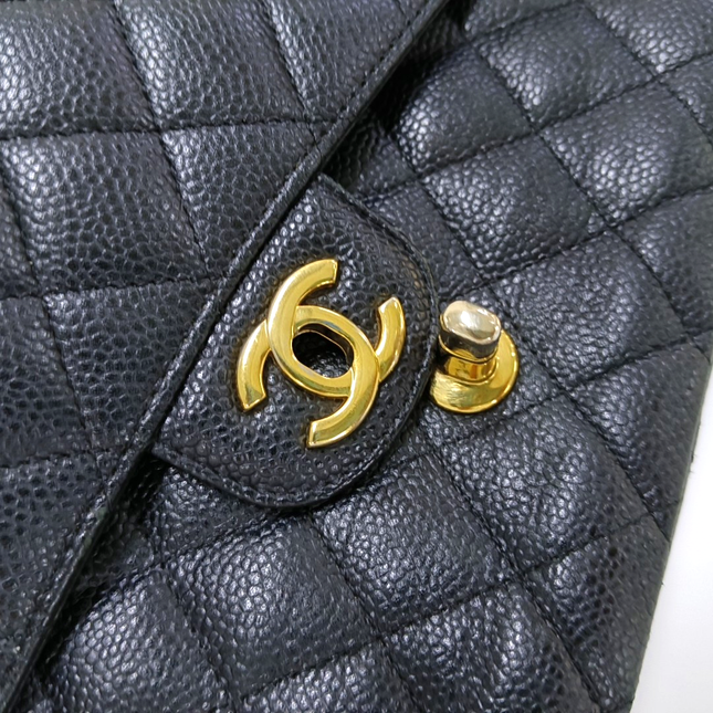 Chanel Classic Flap Medium Black Caviar Leather Double Flap Gold Hardware