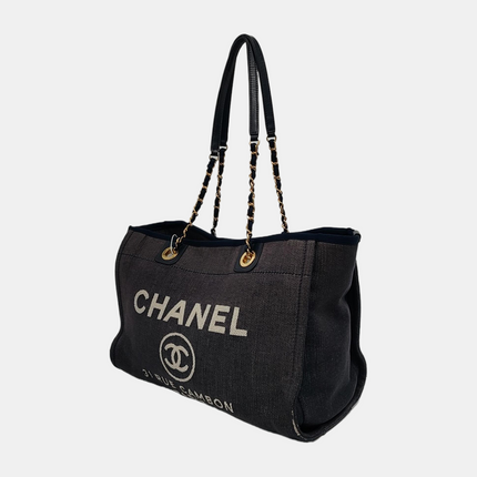 Chanel Deauville Tote Navy Denim Cloth Leather Chain Strap Gold Hardware Medium 30cm