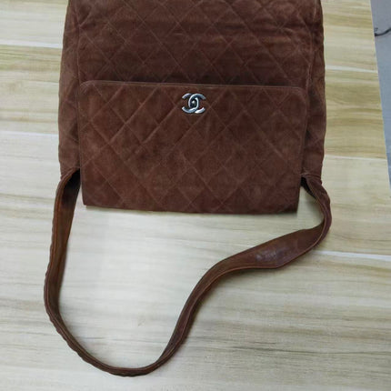 Chanel Vintage Kelly Brown Suede Leather Shoulder Bag Silver Hardware, 1996-1997
