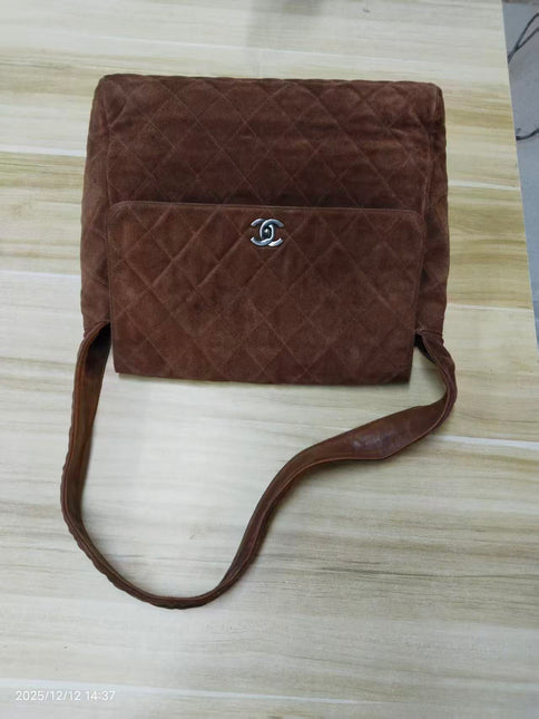 Chanel Vintage Kelly Brown Suede Leather Shoulder Bag Silver Hardware, 1996-1997