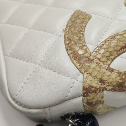 Chanel Cambon Clutch White Leather Snake Skin CC Logo Black Strap