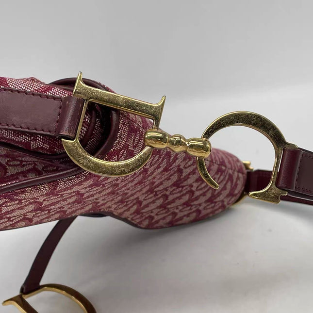 Dior Saddle Vintage Medium Red Burgundy Monogram Oblique Shoulder Bag 2002