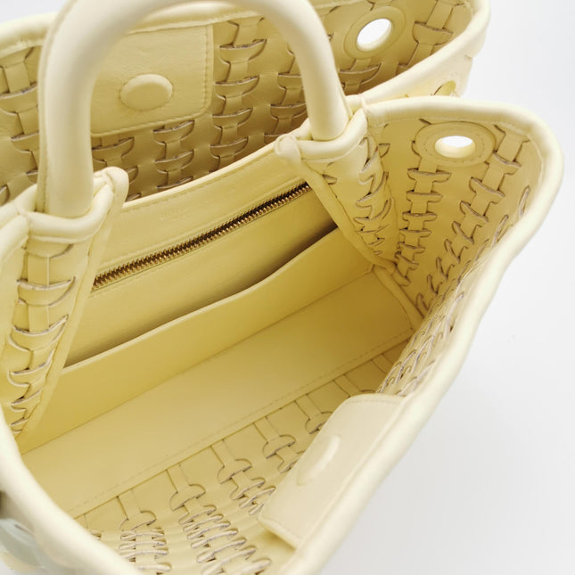 Bottega Veneta Andiamo Small Butter Yellow Fish Scale Patent Leather Handbag