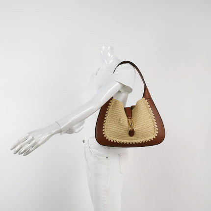 Gucci Jackie 1961 Medium Brown Leather Raffia Shoulder Bag